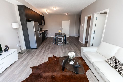 a living room with a couch and a table